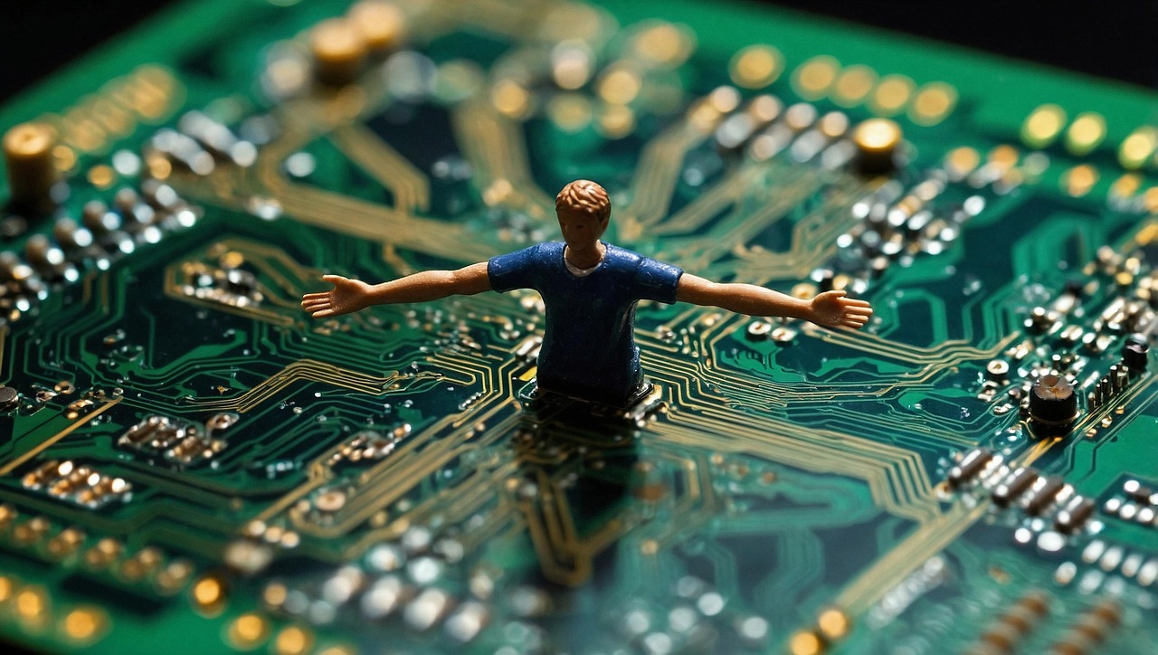 A small figurine of a person with arms outstretched standing on a complex green circuit board.