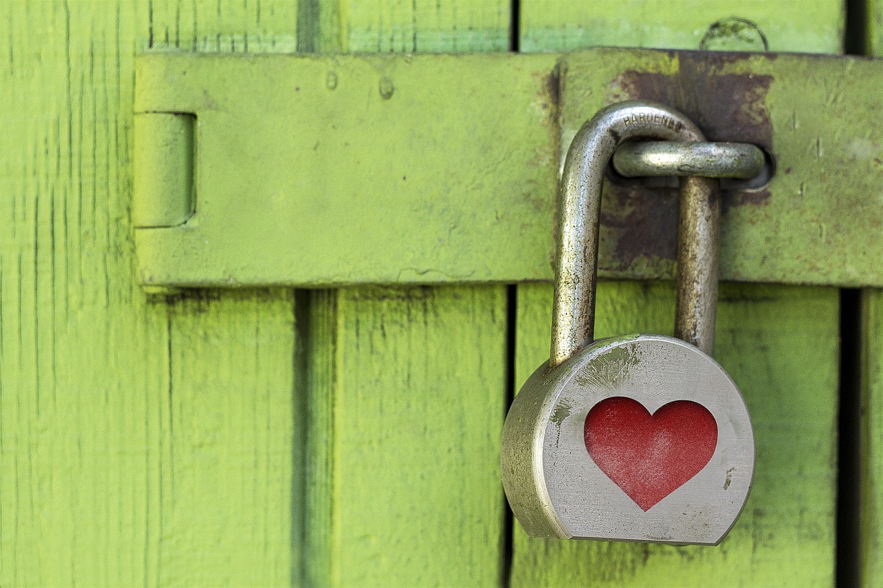 A silver padlock with a red heart symbol hangs on a green wooden door.
